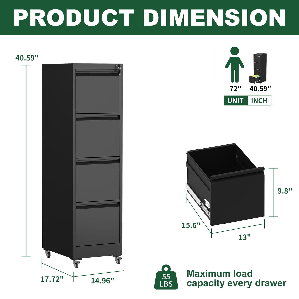 Metal Vertical File Cabinet with Locking Drawers and Wheels - Black or White