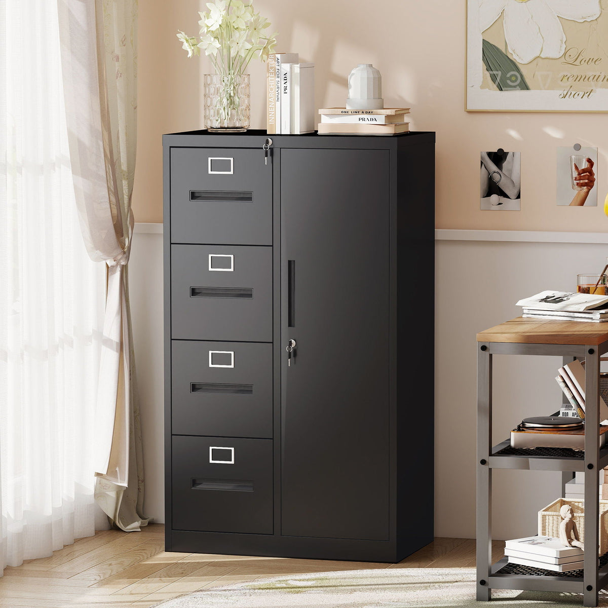 Steel Vertical Filing Cabinet with Lock and Wardrobe Compartment - Black or White