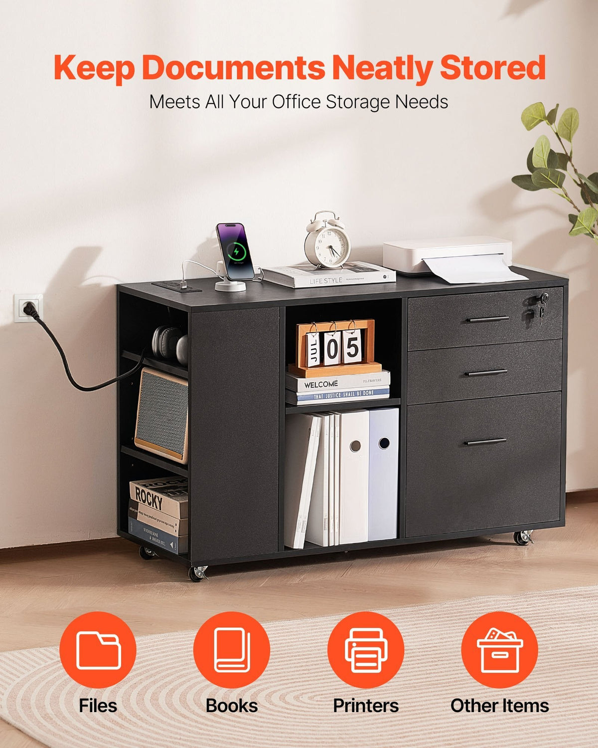 3 Drawer Wooden File Cabinet, Mobile Filing Cabinet with Power Strip, Lockable Rolling File Storage with Adjustable Shelves & 5 Wheels, Floor Standing Printer Stand for Home Office School, Black