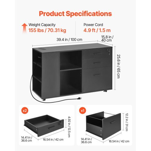 3 Drawer Wooden File Cabinet, Mobile Filing Cabinet with Power Strip, Lockable Rolling File Storage with Adjustable Shelves & 5 Wheels, Floor Standing Printer Stand for Home Office School, Black