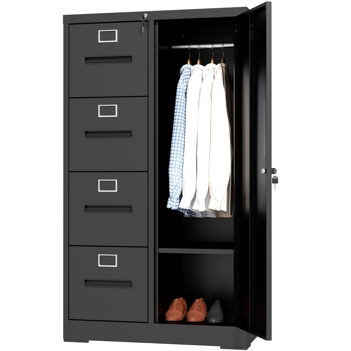 Steel Vertical Filing Cabinet with Lock and Wardrobe Compartment - Black or White