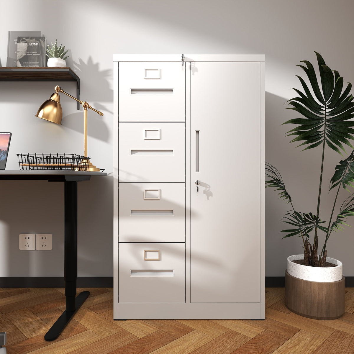 Steel Vertical Filing Cabinet with Lock and Wardrobe Compartment - Black or White