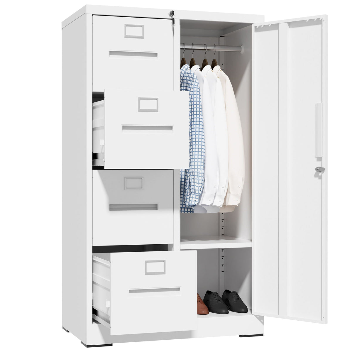 Steel Vertical Filing Cabinet with Lock and Wardrobe Compartment - Black or White