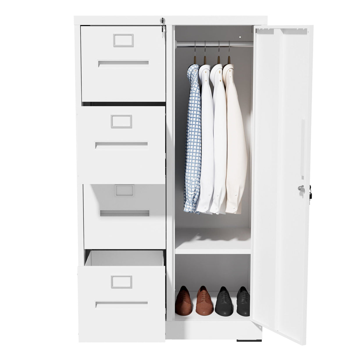 Steel Vertical Filing Cabinet with Lock and Wardrobe Compartment - Black or White