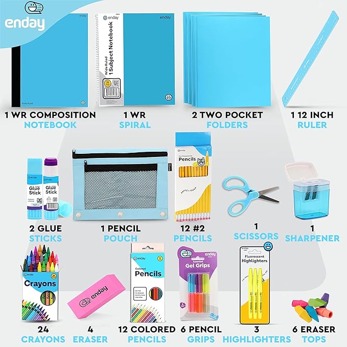 Enday Back to School Supplies for Kids, Blue School Supply Box Grades K-5, Premium Quality Kids School Supplies Kit, Kindergarten School Supplies for Girls and Boys, 78 Piece Set
