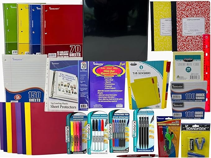 College Ruled Back to School Essential Supply Kit Bundle for Middle, High School and College: Binder, Mechanical Pencils, Sharpies, Pens, Highlighters, Folders, Note Books and More 55+ items