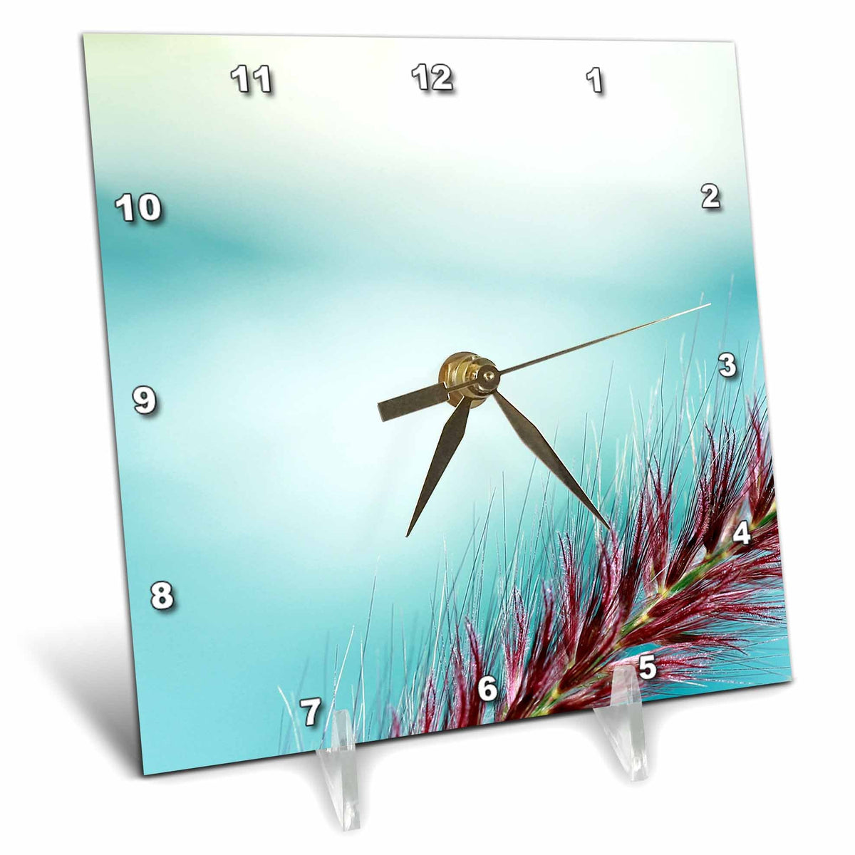 3dRose Photo of a red Plume from Purple Fountain Grass Against Pool Water. - Desk Clocks (dc_327099)