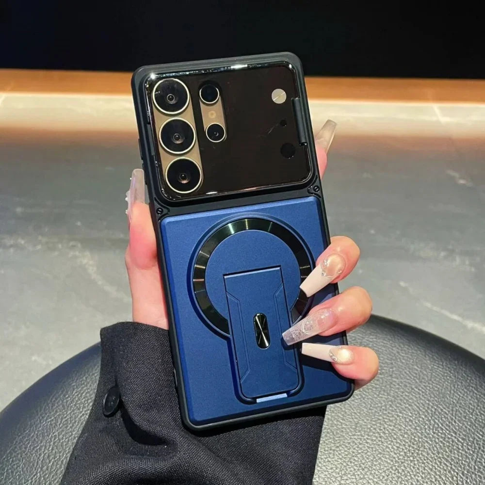 Premium magnetic case designed for Samsung Galaxy S26, S25, S24, S23 Ultra, A57, A56, A37, and A36 models, providing shockproof protection and a sleek, foldable stand.