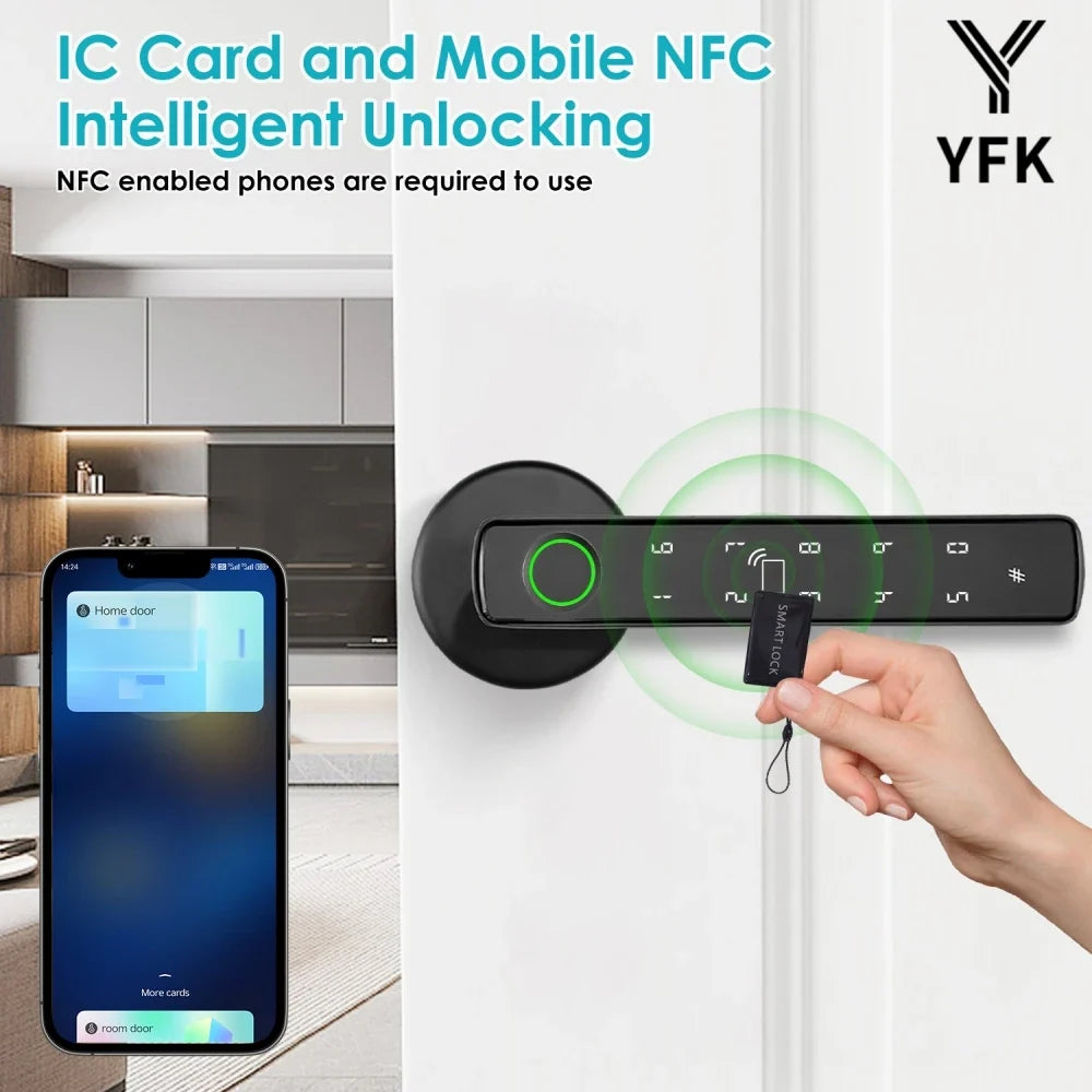 YFK Tuya 5-in-1 Smart Door Handle Lock Bluetooth Fingerprint Keyless Entry Lock Fake PIN NFC IC Card Temporary Password APP Remote Unlock Interior Smart Life Lock for Home Apartment Office Wooden Door