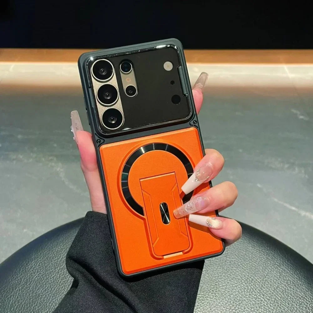 Premium magnetic case designed for Samsung Galaxy S26, S25, S24, S23 Ultra, A57, A56, A37, and A36 models, providing shockproof protection and a sleek, foldable stand.