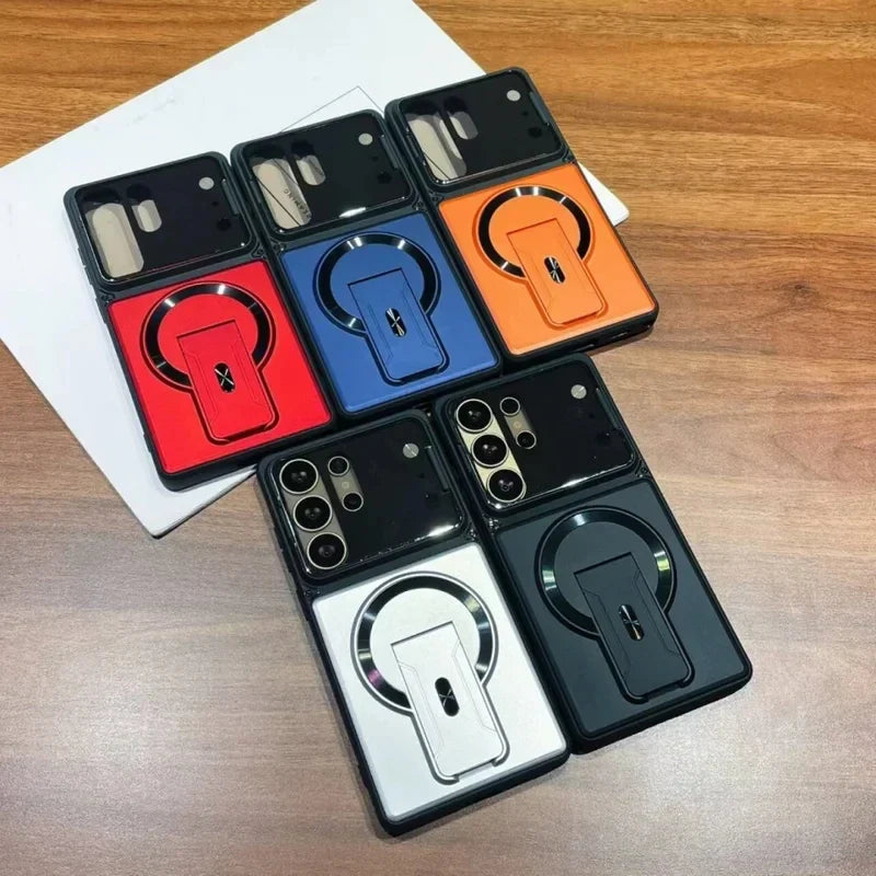 Premium magnetic case designed for Samsung Galaxy S26, S25, S24, S23 Ultra, A57, A56, A37, and A36 models, providing shockproof protection and a sleek, foldable stand.