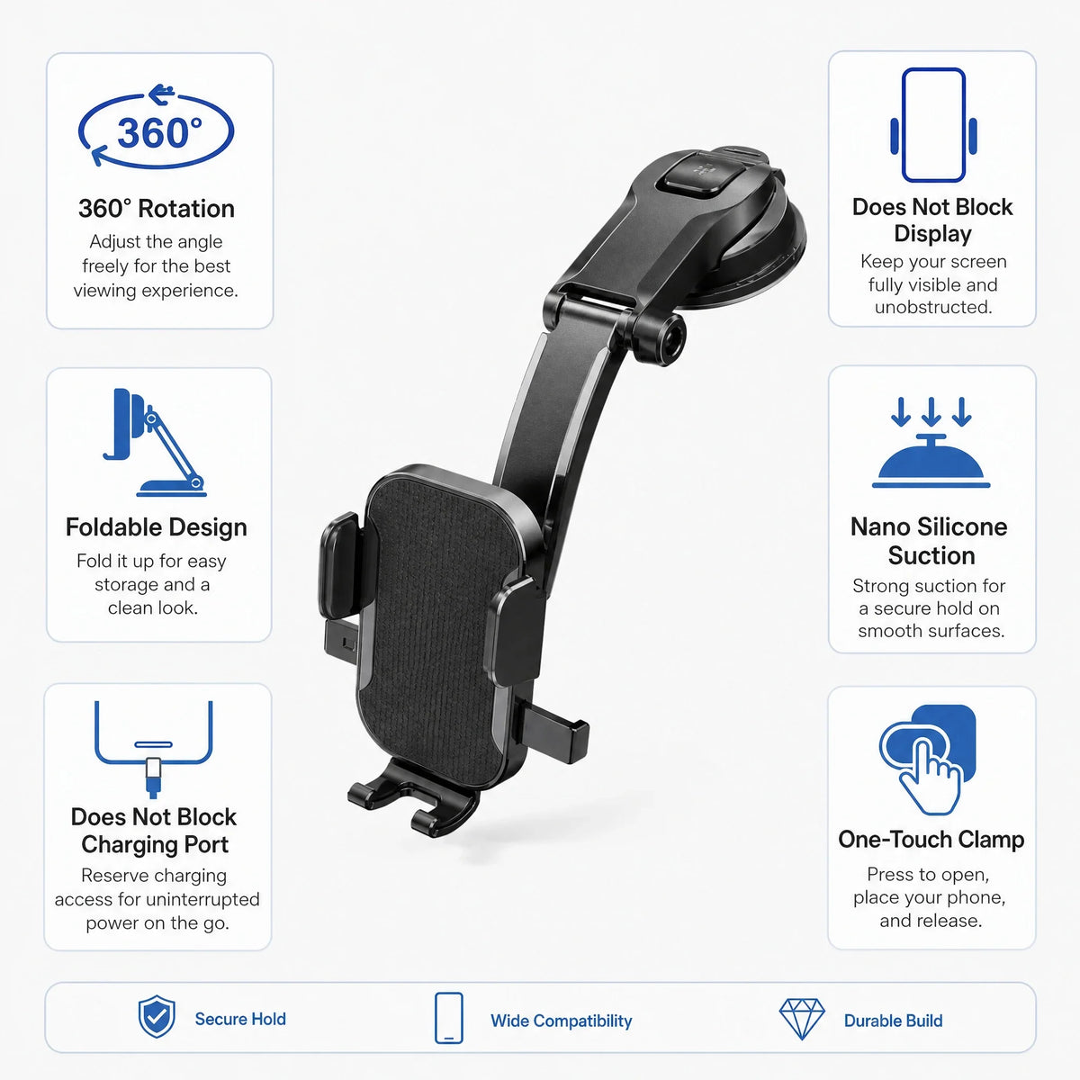Car Phone Holder – Nano Flexible Silicone, 360° Rotation, Doesn't Block Screen, Compatible with BlackBerry.
