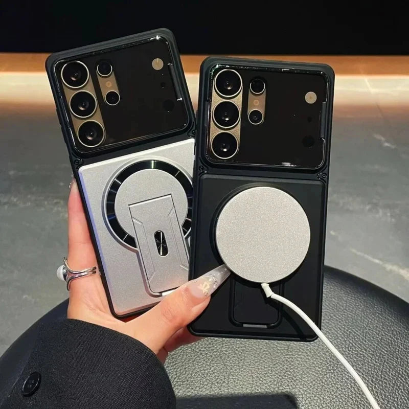 Premium magnetic case designed for Samsung Galaxy S26, S25, S24, S23 Ultra, A57, A56, A37, and A36 models, providing shockproof protection and a sleek, foldable stand.