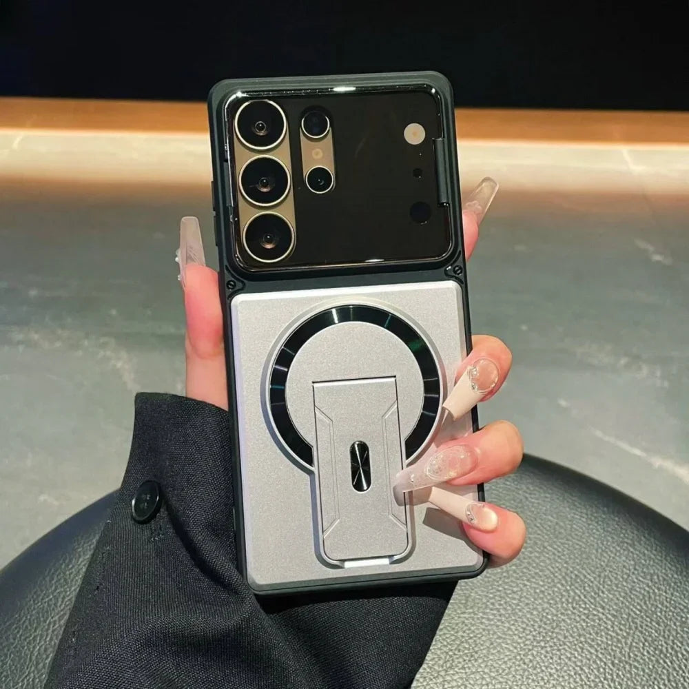 Premium magnetic case designed for Samsung Galaxy S26, S25, S24, S23 Ultra, A57, A56, A37, and A36 models, providing shockproof protection and a sleek, foldable stand.