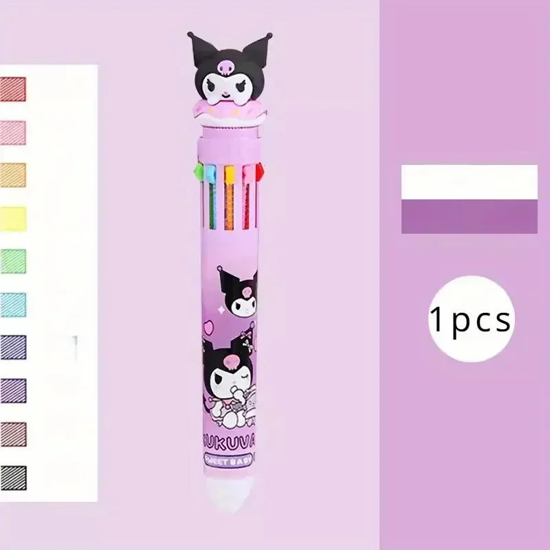 Kawaii Cartoon Ballpoint Pen Set – 10-Color 0.7mm Cartoon Characters School Stationery for Students