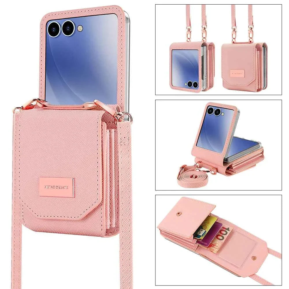 VIETAO Girls' PU Leather Z Flip 7 Card Wallet Phone Case With Crossbody Strap Compatible With Galaxy Z Flip 7 Flip6 Flip5 z4 z3