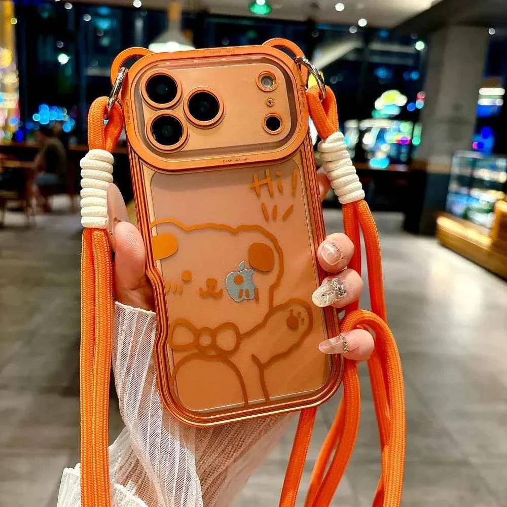 Orange Cute Bear Ear Plating Transparent Long Lanyard Case For iPhone 17 Pro Max 17Pro 17 Air Clear Soft TPU Shockproof Cover