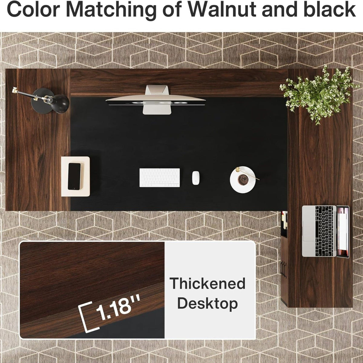 L-Shaped Executive Desk with File Cabinet and Drawers - Black