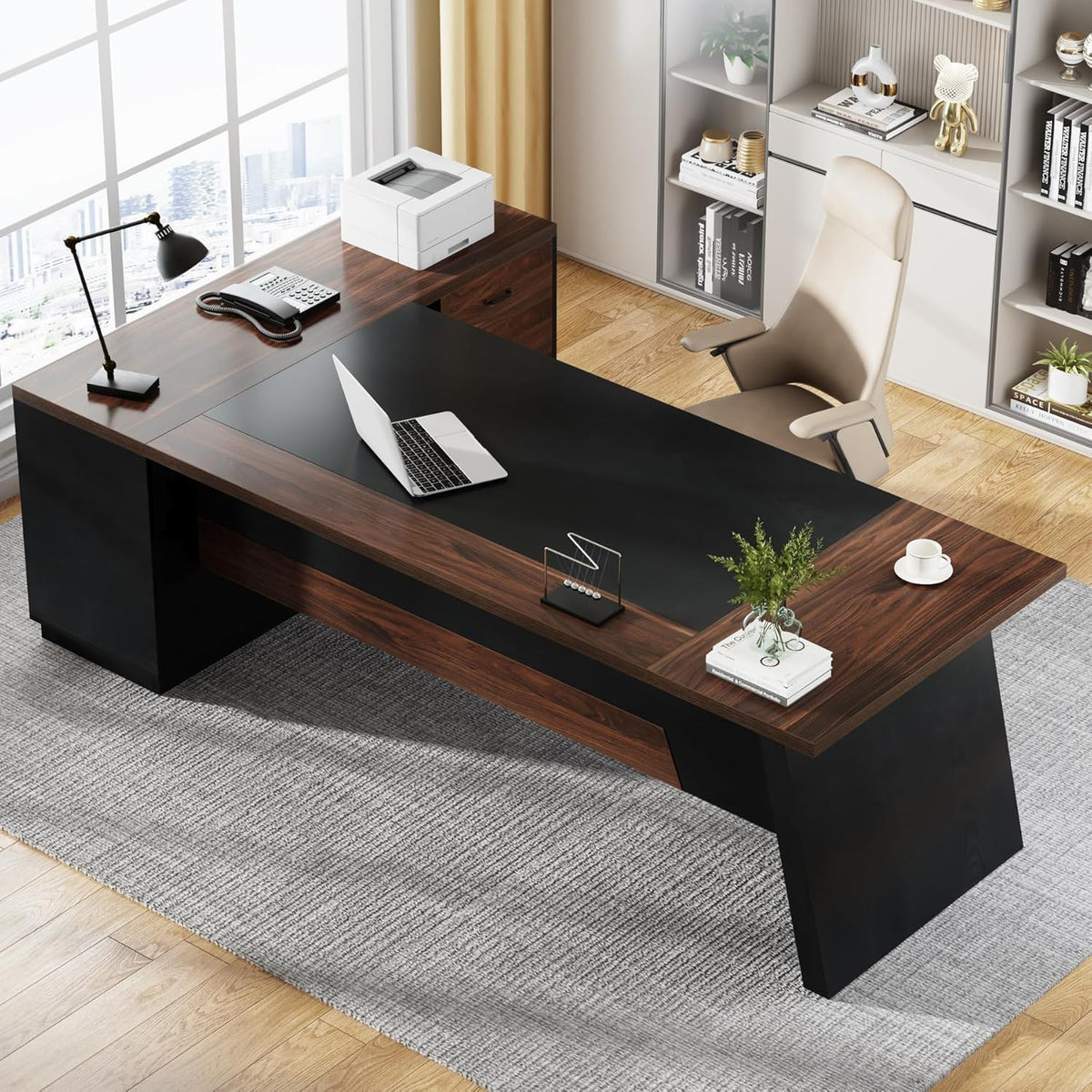 L-Shaped Executive Desk with File Cabinet and Drawers - Black