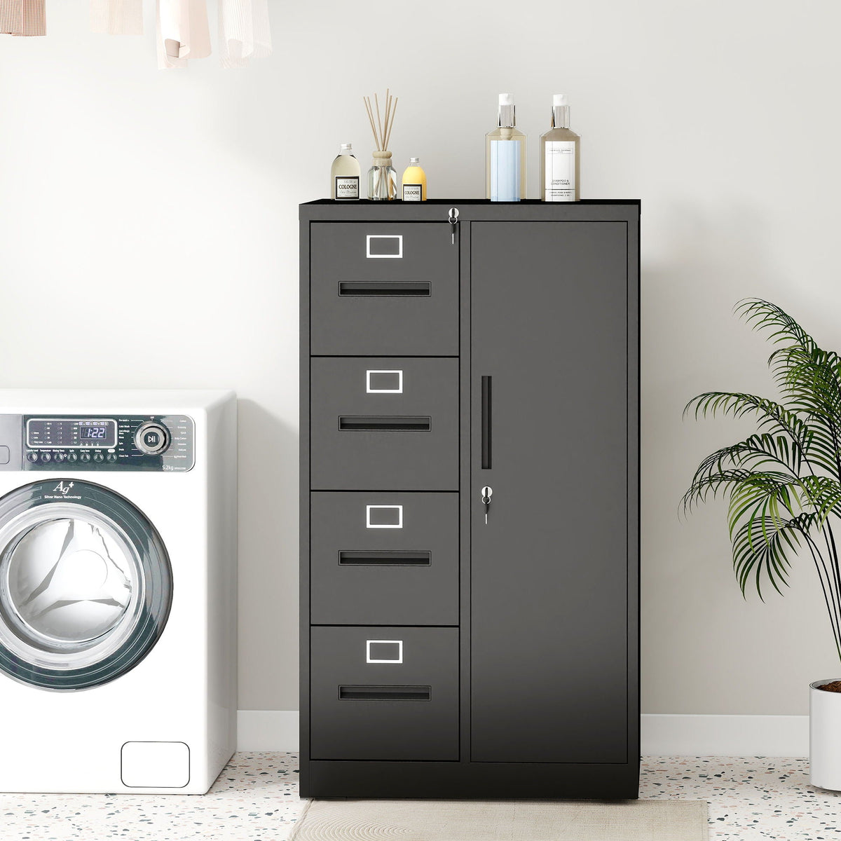 Steel Vertical Filing Cabinet with Lock and Wardrobe Compartment - Black or White