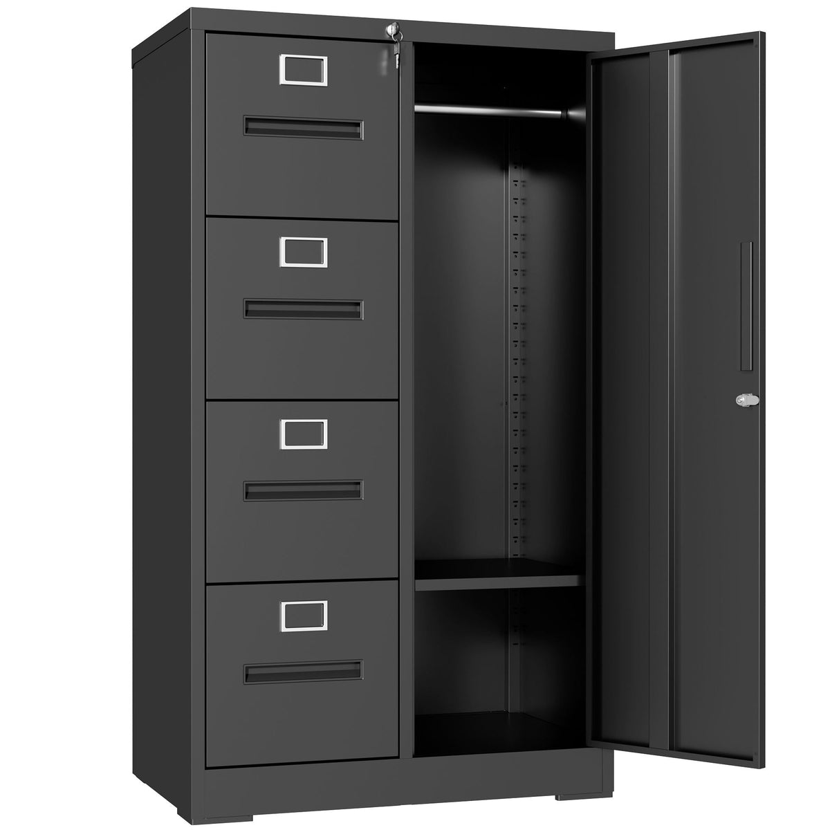 Steel Vertical Filing Cabinet with Lock and Wardrobe Compartment - Black or White