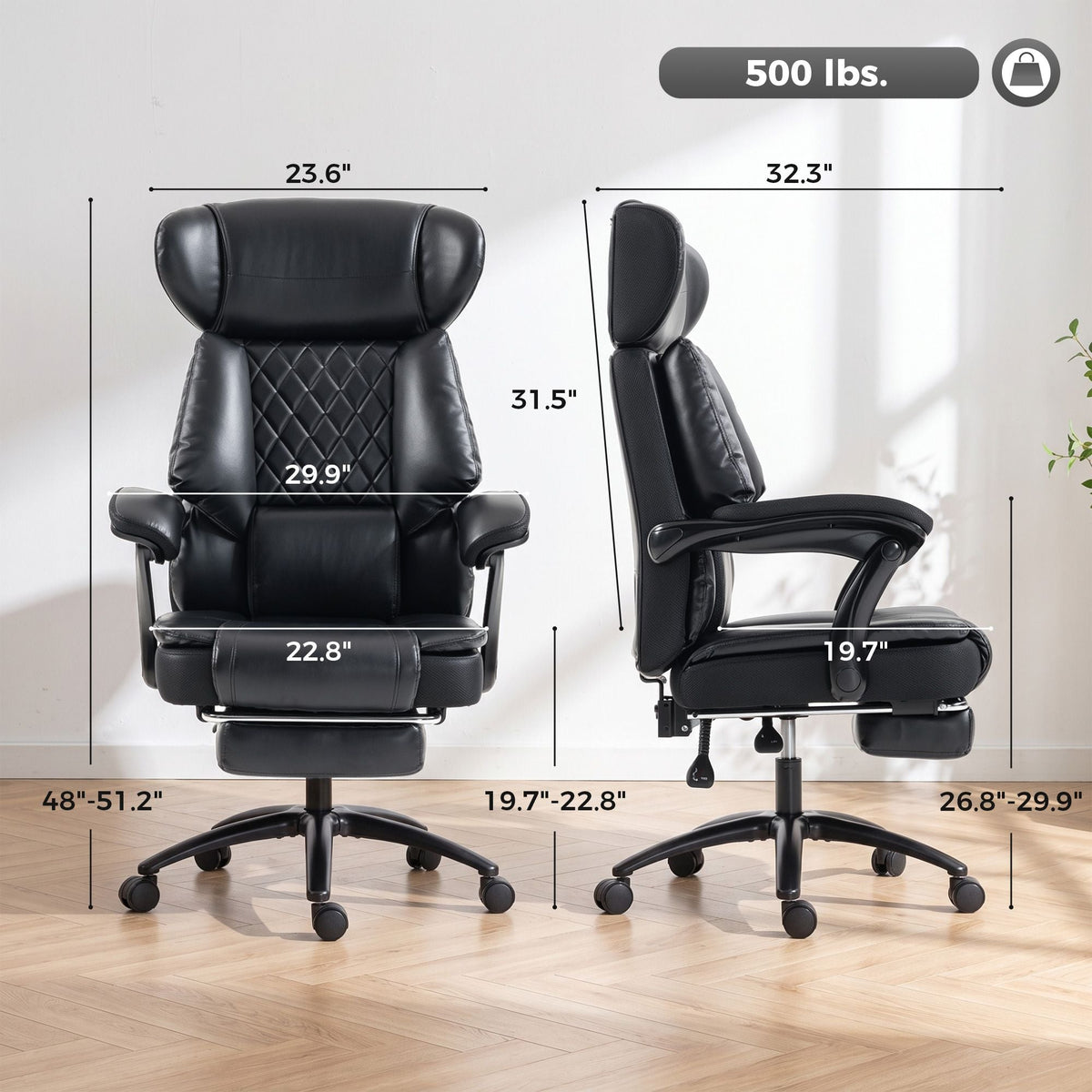 Big & Tall Office Chair 500 lb Wide Seat Lumbar Support Headrest Black