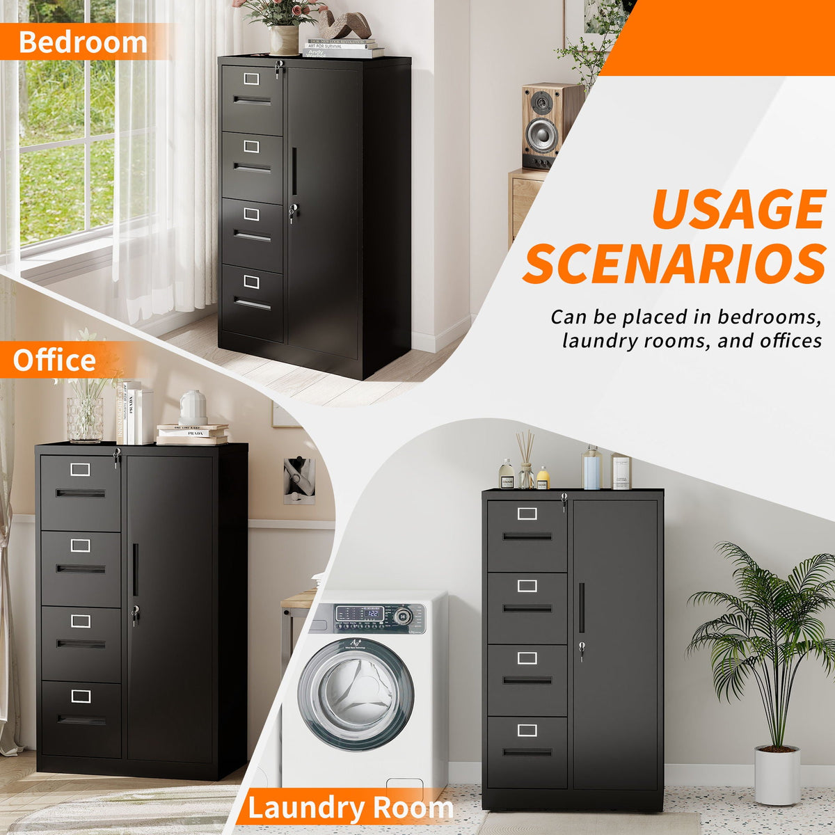 Steel Vertical Filing Cabinet with Lock and Wardrobe Compartment - Black or White