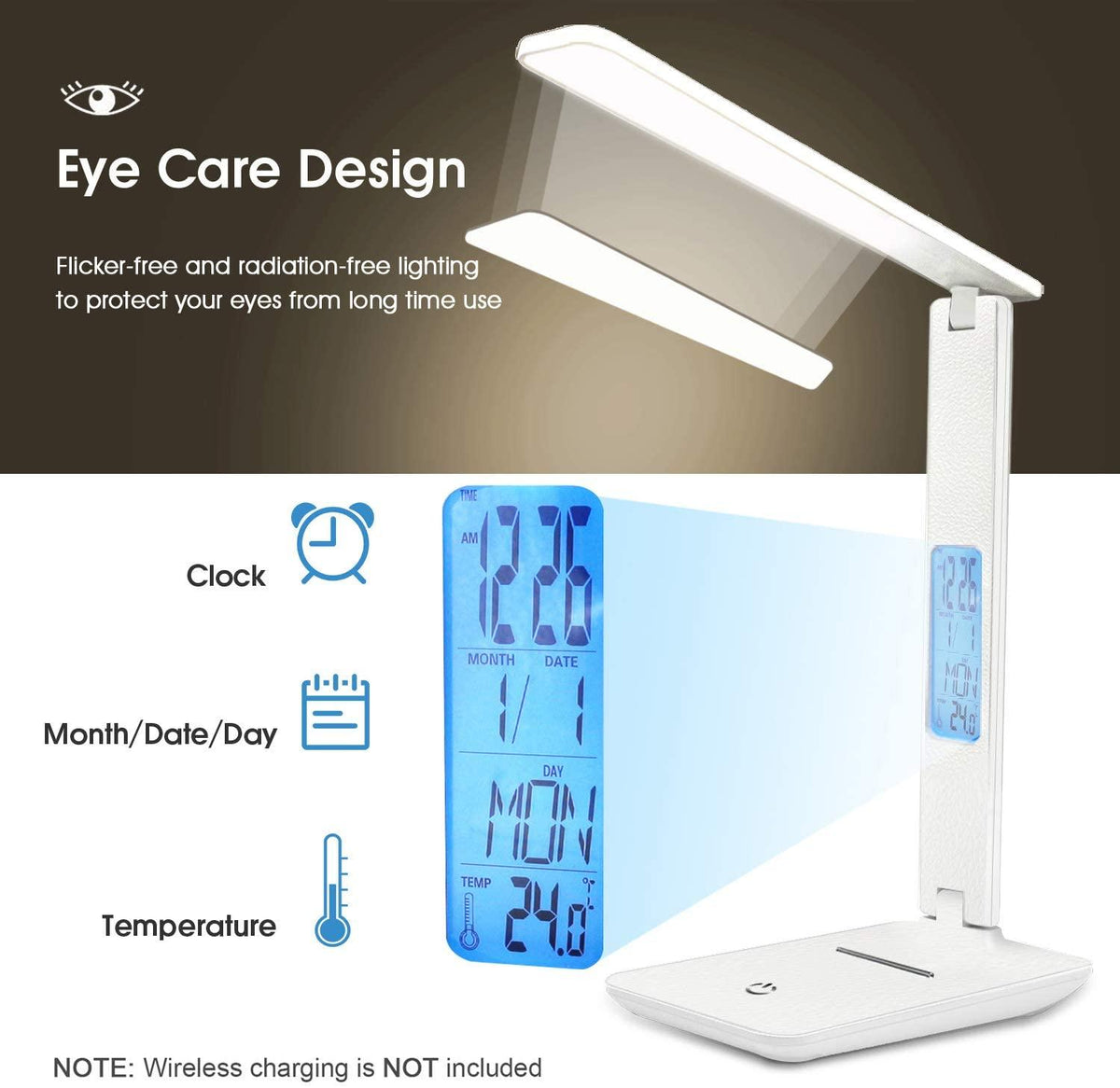 Modern Business Led Office Desk Lamp Touch Dimmable Foldable With Calendar Temperature Alarm Clock table Reading Light Decorative Table Lamp Cute Study Lamps for Bedroom Décor