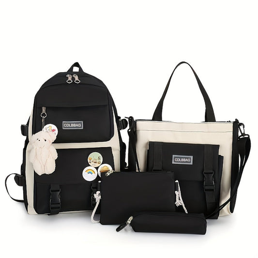 4pc Large Capacity Canvas Backpack for Teens School  Travel