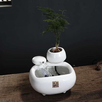 Ceramic Flowing Water Fountain with Mist – Desktop Zen Humidifier Ornament