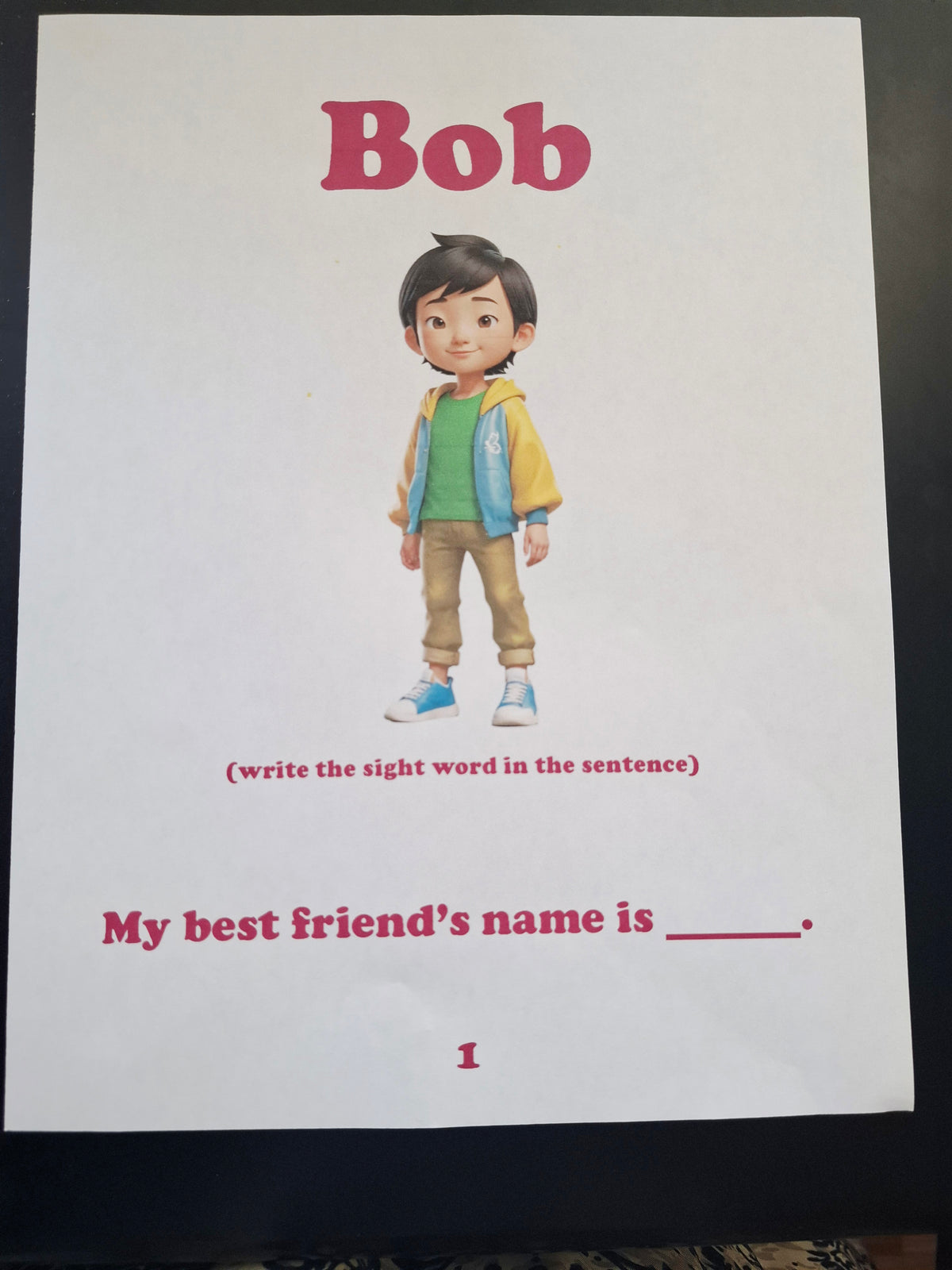 Volume 4 sample page showing Bob with an illustration and a fill-in-the-blank sentence.