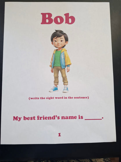 Volume 4 sample page showing Bob with an illustration and a fill-in-the-blank sentence.