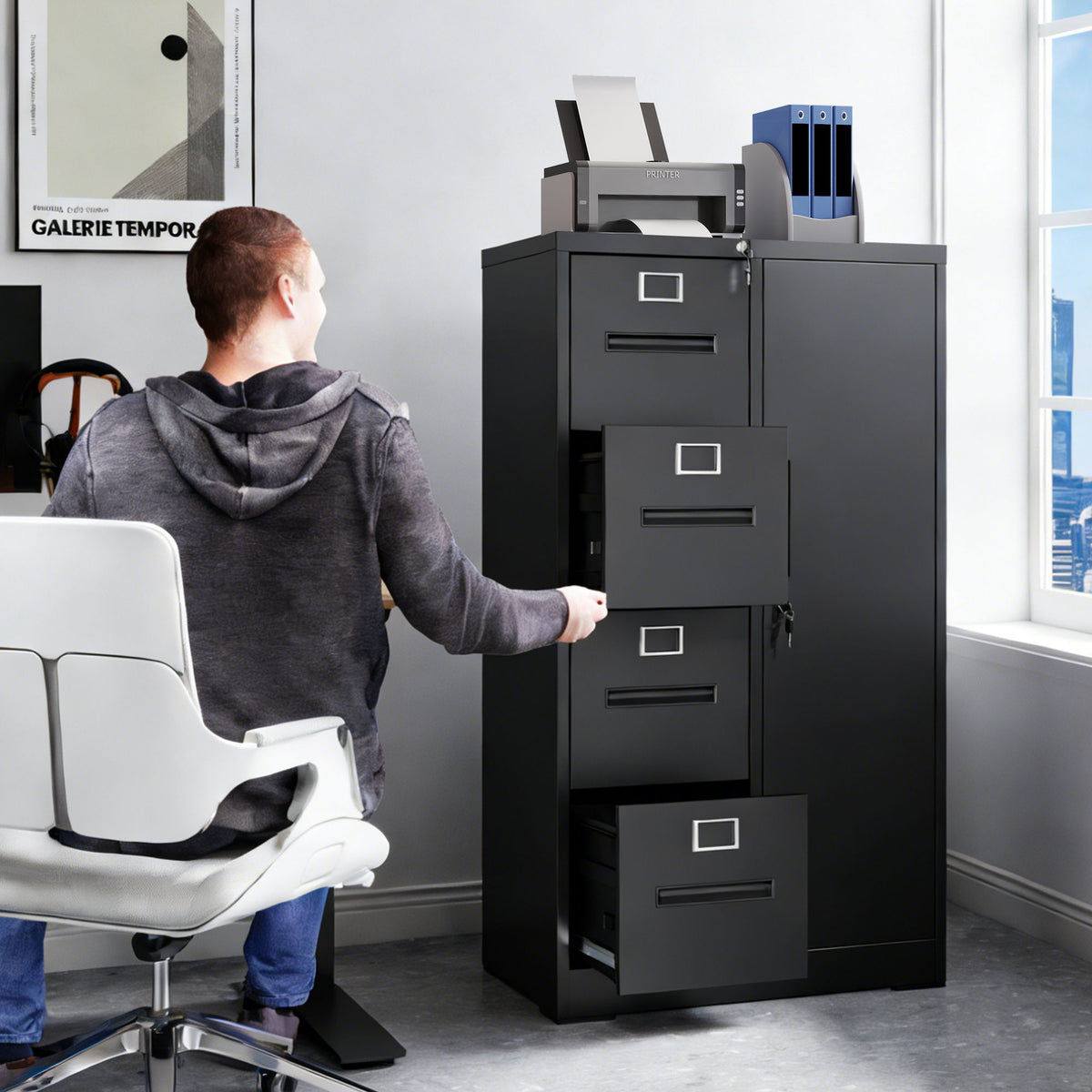 Steel Vertical Filing Cabinet with Lock and Wardrobe Compartment - Black or White