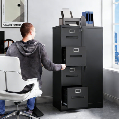 Steel Vertical Filing Cabinet with Lock and Wardrobe Compartment - Black or White