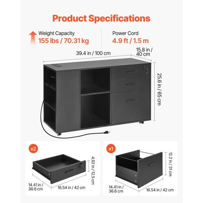 3 Drawer Wooden File Cabinet, Mobile Filing Cabinet with Power Strip, Lockable Rolling File Storage with Adjustable Shelves & 5 Wheels, Floor Standing Printer Stand for Home Office School, Black