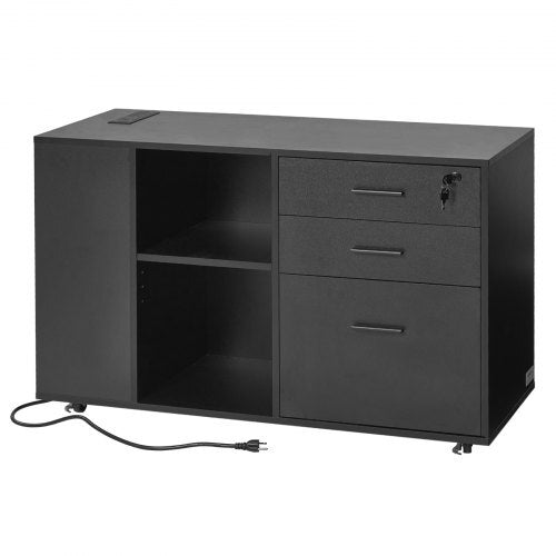 3 Drawer Wooden File Cabinet, Mobile Filing Cabinet with Power Strip, Lockable Rolling File Storage with Adjustable Shelves & 5 Wheels, Floor Standing Printer Stand for Home Office School, Black