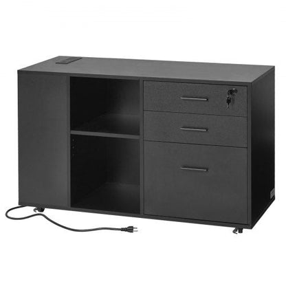 3 Drawer Wooden File Cabinet, Mobile Filing Cabinet with Power Strip, Lockable Rolling File Storage with Adjustable Shelves & 5 Wheels, Floor Standing Printer Stand for Home Office School, Black