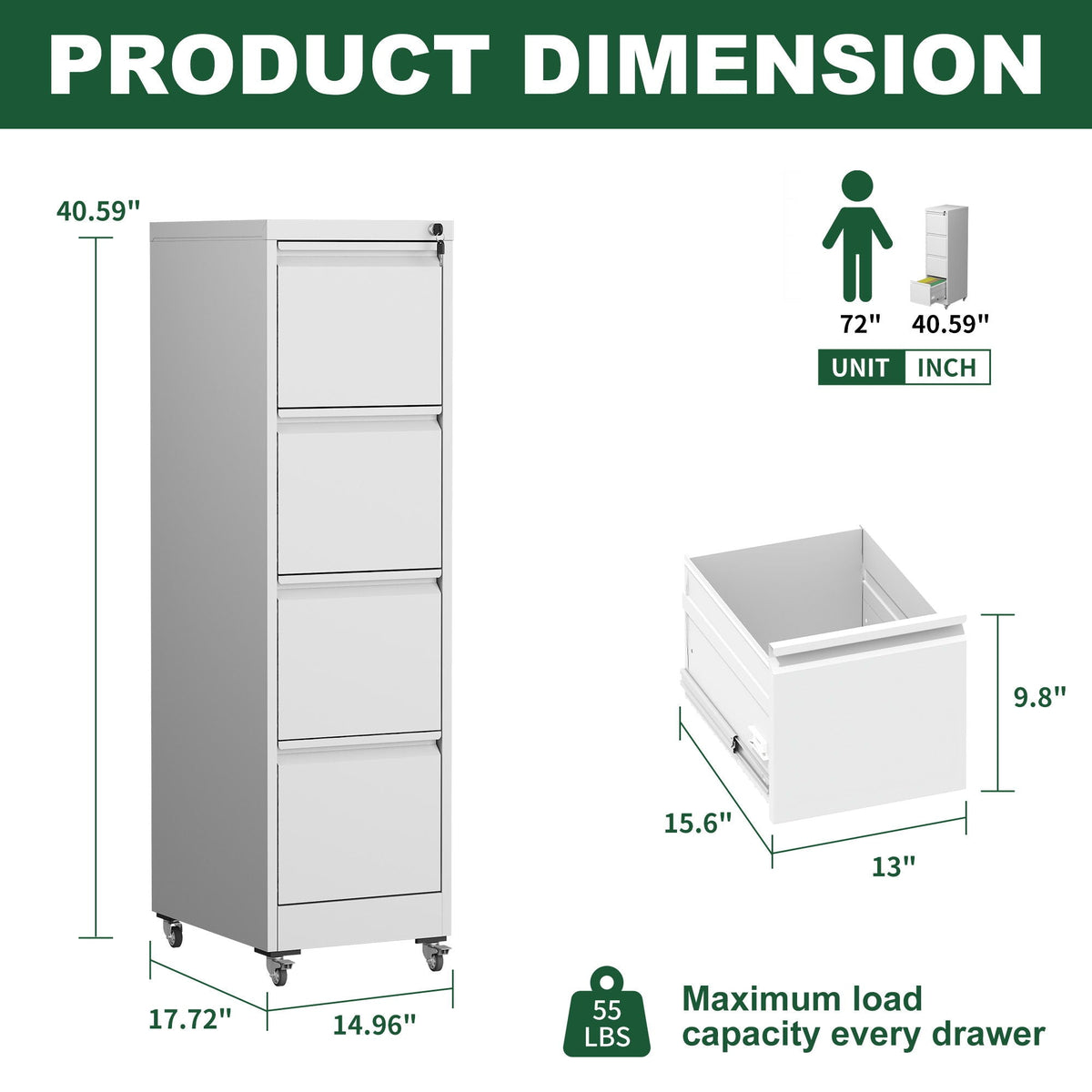 Metal Vertical File Cabinet with Locking Drawers and Wheels - Black or White