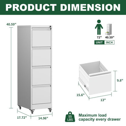 Metal Vertical File Cabinet with Locking Drawers and Wheels - Black or White