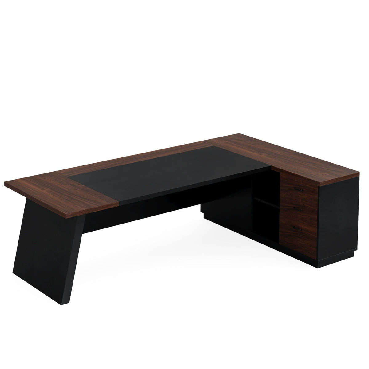 L-Shaped Executive Desk with File Cabinet and Drawers - Black