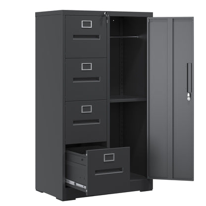 Steel Vertical Filing Cabinet with Lock and Wardrobe Compartment - Black or White