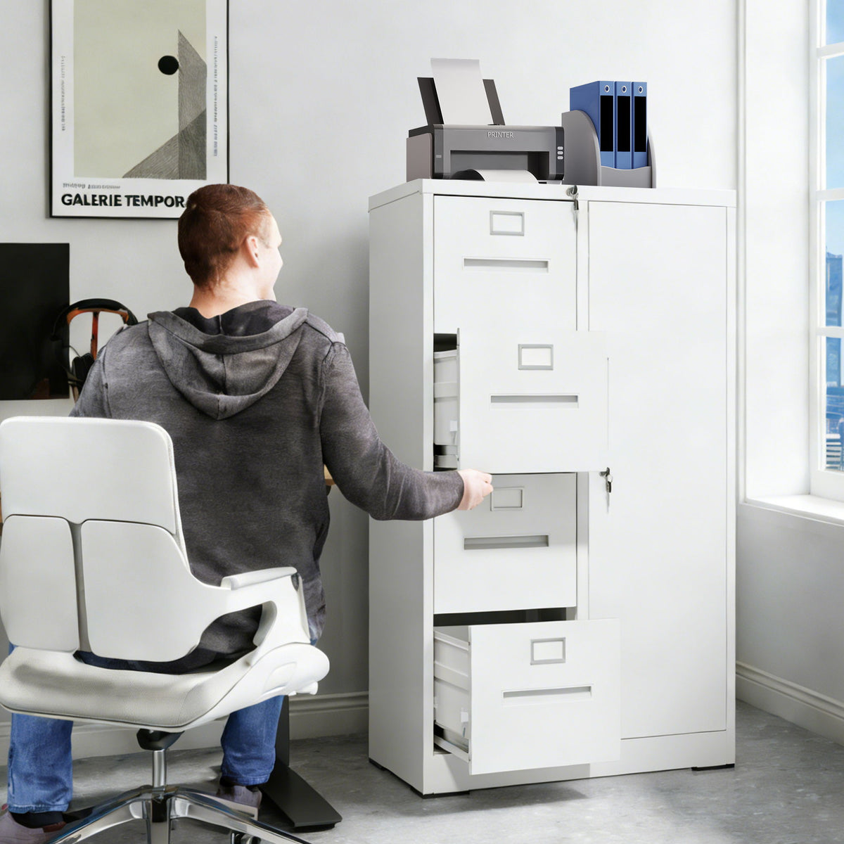 Steel Vertical Filing Cabinet with Lock and Wardrobe Compartment - Black or White