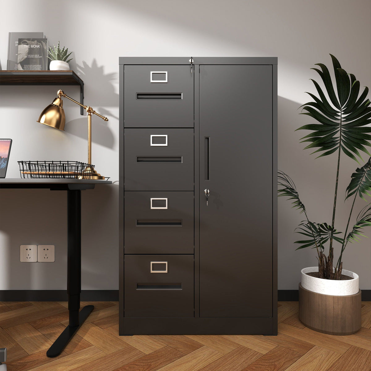 Steel Vertical Filing Cabinet with Lock and Wardrobe Compartment - Black or White