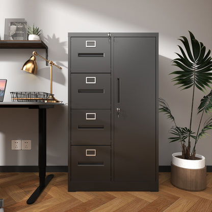 Steel Vertical Filing Cabinet with Lock and Wardrobe Compartment - Black or White