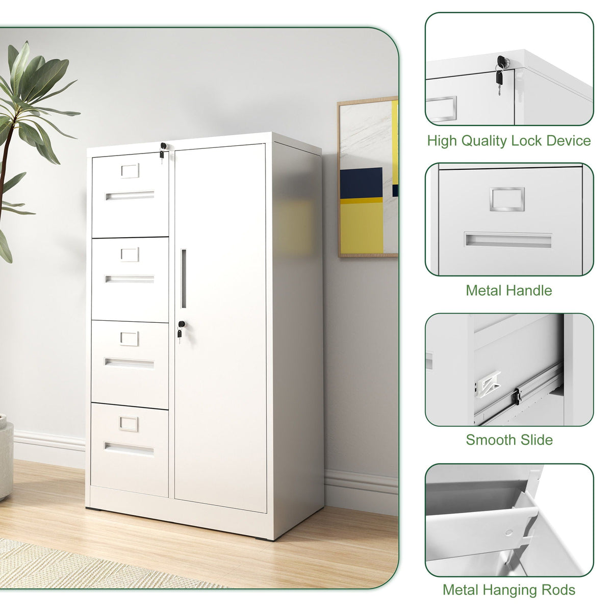 Steel Vertical Filing Cabinet with Lock and Wardrobe Compartment - Black or White