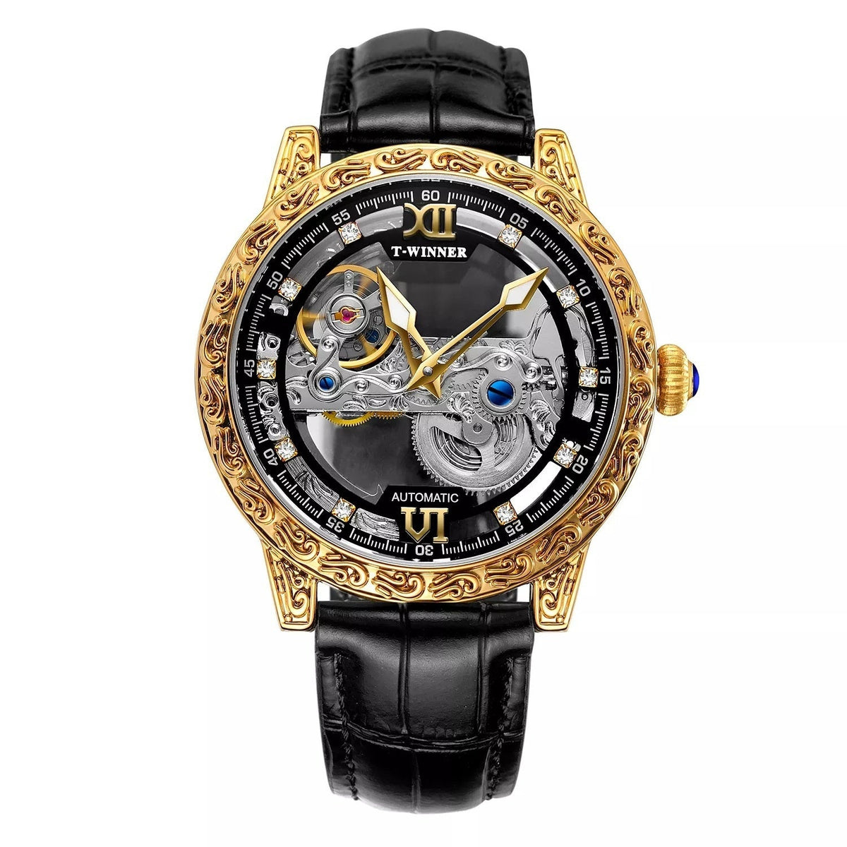 Mens Fashionable Vintage Carved Semi-Automatic Mechanical Watch