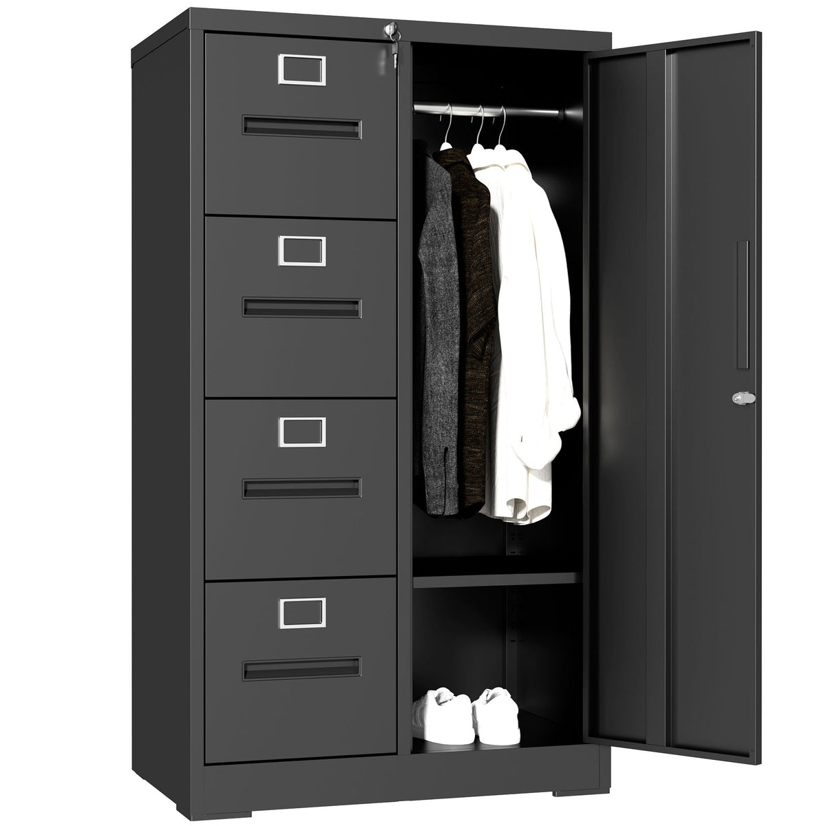 Steel Vertical Filing Cabinet with Lock and Wardrobe Compartment - Black or White