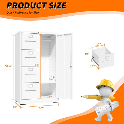 Steel Vertical Filing Cabinet with Lock and Wardrobe Compartment - Black or White