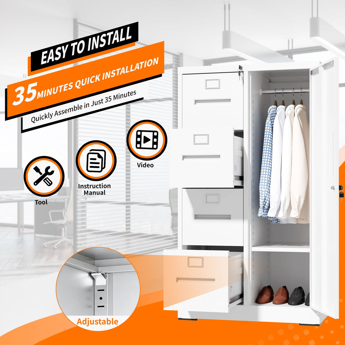 Steel Vertical Filing Cabinet with Lock and Wardrobe Compartment - Black or White