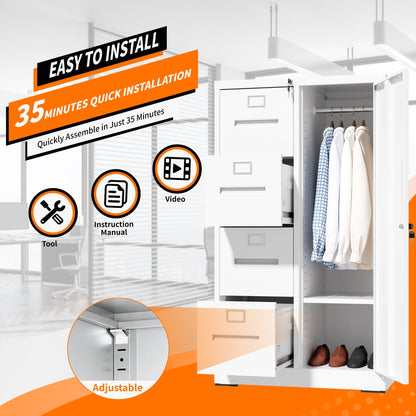 Steel Vertical Filing Cabinet with Lock and Wardrobe Compartment - Black or White